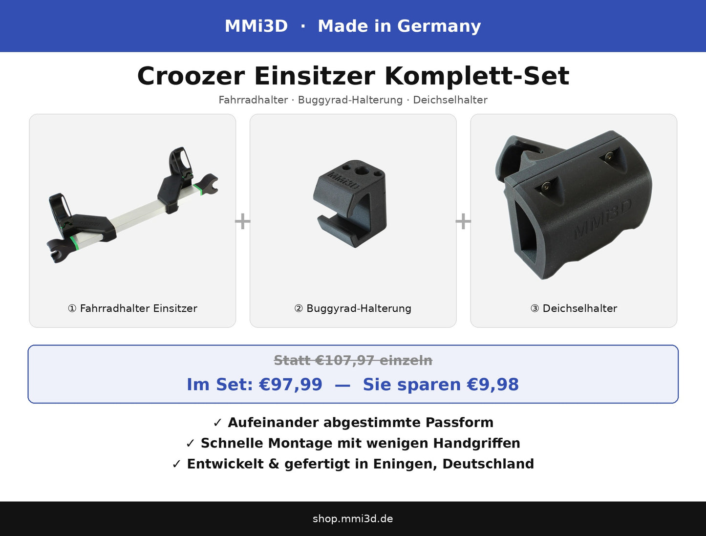 Croozer Einsitzer Komplett-Set – Fahrradhalter, Buggyrad & Deichsel