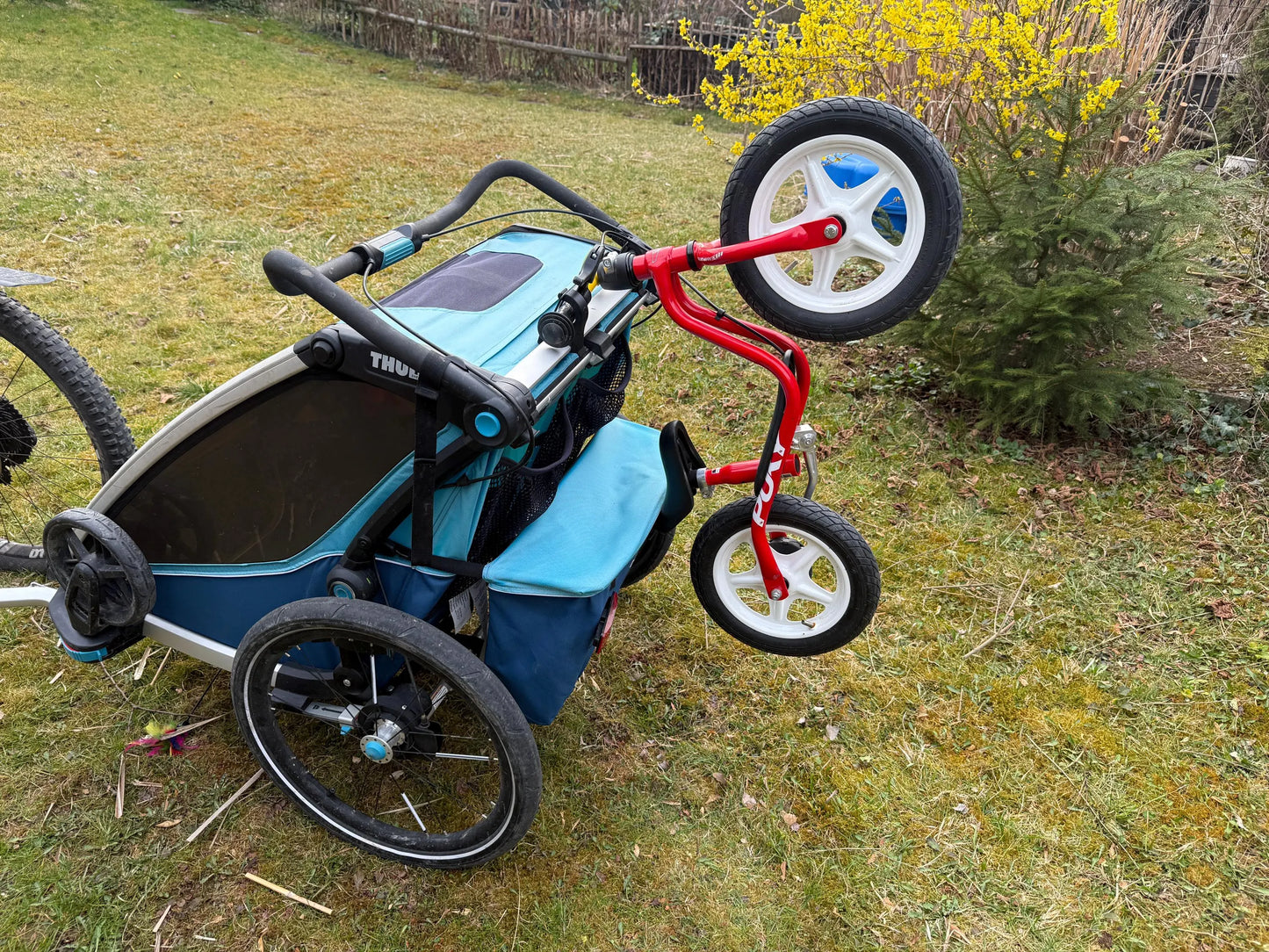 Transport eines Kinderfahrrads am Thule Fahrradanhänger mit Halterung