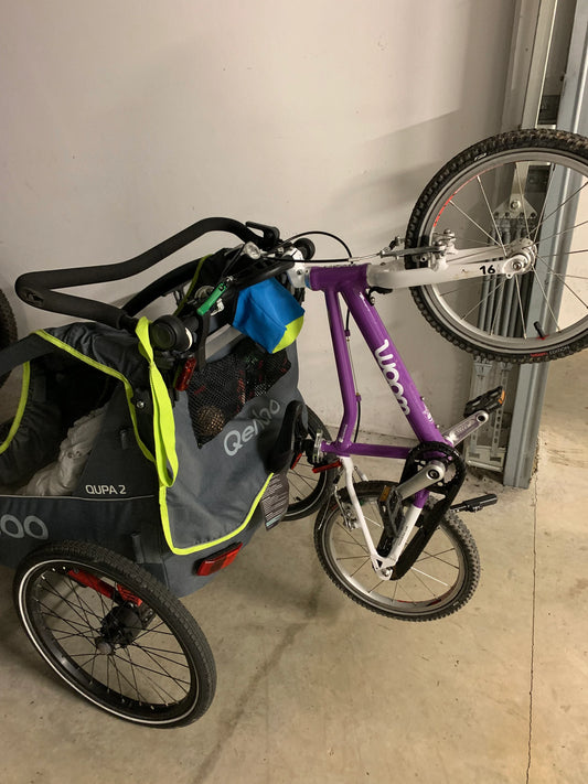 Transport eines Rollers am Qeridoo Sportrex 2 und Qupa 2 Fahrradanhänger mit Halter